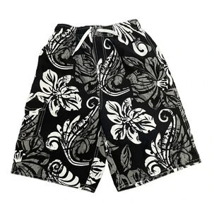 First Wave Black White Floral Swim Shorts Elastic Waist Band Boy’s size 12